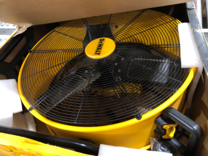 Photo 2 of DEWALT Drum Fan High-Velocity Industrial, Drum, Floor, Barn, Warehouse Fan, Heavy Duty Air Mover with Adjustable Tilt & Large Wheel, 24", Yellow DXF2490
