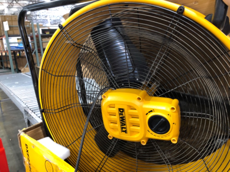 Photo 3 of DEWALT Drum Fan High-Velocity Industrial, Drum, Floor, Barn, Warehouse Fan, Heavy Duty Air Mover with Adjustable Tilt & Large Wheel, 24", Yellow DXF2490
