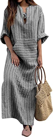 Photo 1 of FLORHO Women's Maxi Dresses Solid Kaftan Loose Cotton Long Dress Improve for Americans XL