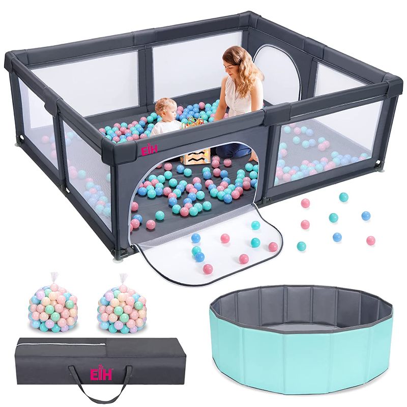 Photo 1 of EIH Baby Playpen, Extra Large Playpen for Babies and Toddlers with Ocean Ball Pit & 100PCS Balls Indoor and Outdoor Kids Activity Play Yard with Gate 79in x 59in?Dark Grey?
