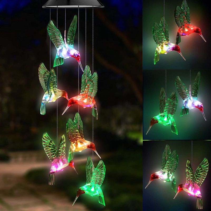 Photo 1 of  LED Solar Hummingbird Wind Chime, Changing Color Waterproof Six Hummingbird Wind Chimes for Home Party Night Garden Decoration