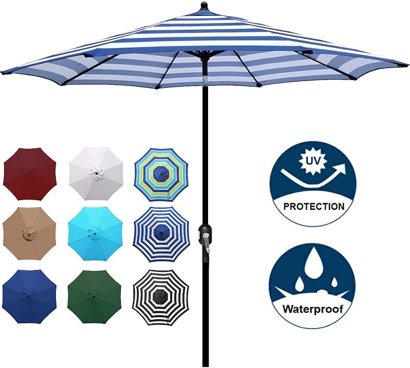 Photo 1 of Blissun 9' Outdoor Aluminum Patio Umbrella, Striped Patio Umbrella, Market Striped Umbrella with Push Button Tilt and Crank (Blue & White Stripe)

