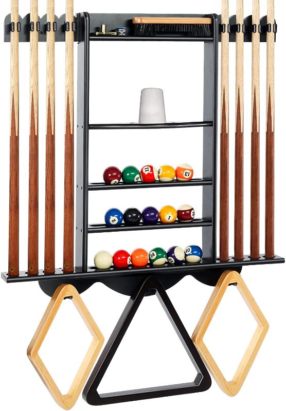 Photo 1 of Billiards Pool Stick Holder, Pool Cue Rack Wall Mount Holds 8 Cues and Pool Table Equipment Accessories, Billiards Stick Rack Made of Solid Wooden for Game Room or Club
