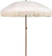 Photo 1 of AMMSUN 7ft Patio Umbrella with Fringe Outdoor Tassel Umbrella UPF50+ Wood Color Steel Pole and Steel Ribs Push Button Tilt, WHTIE CREAM