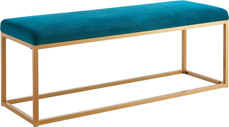 Photo 1 of Ball & Cast Upholstered Velvet Bench, Teal,Golden Powder Coating Legs
