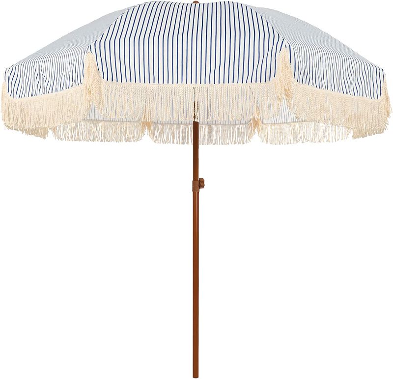 Photo 1 of AMMSUN 7ft Patio Umbrella with Fringe Outdoor Tassel Umbrella UPF50+ Wood Color Steel Pole and Steel Ribs Push Button Tilt - Navy Blue Stripes
