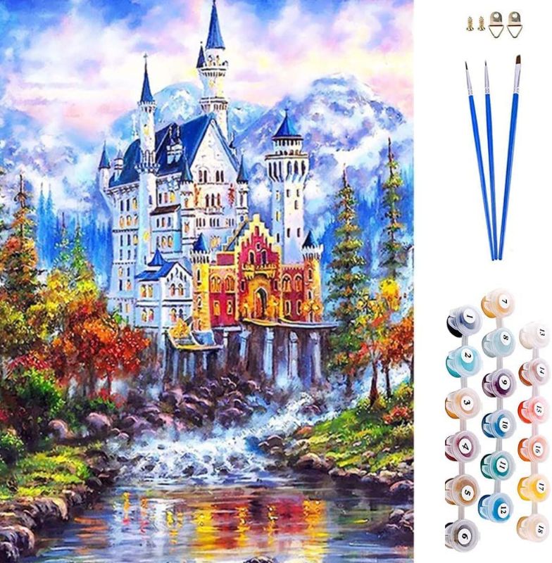 Photo 1 of ABEUTY DIY Paint by Numbers for Adults Beginner - Snow Mountain Castle 16x20 inches Number Painting Anti Stress Toys (Wooden Framed)
