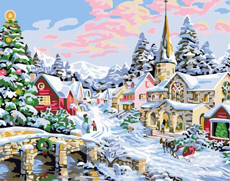 Photo 1 of ABEUTY DIY Paint by Numbers for Adults Beginner - Christmas Snow Scene 16x20 inches Number Painting Anti Stress Toys (Wooden Framed)
