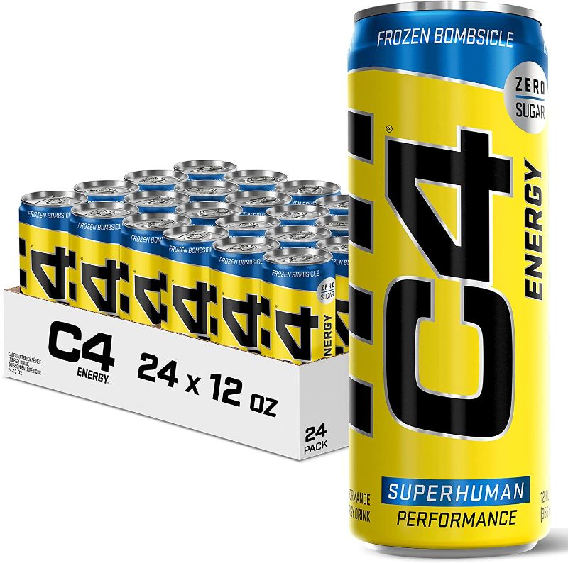 Photo 1 of C4 Energy Drink 12oz (Pack of 24) - Frozen Bombsicle - Sugar Free Pre Workout Performance Drink with No Artificial Colors or Dyes - BEST BY 03/2022