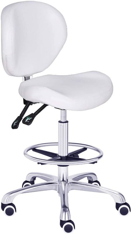 Photo 1 of Kaleurrier Adjustable Stools Drafting Chair with Backrest & Foot Rest,Tilt Back,Peneumatic Lifting Height,Swivel Seat,Rolling wheels,for Studio,Dental,Office,Salon and Counter,Home Desk Chairs (White)
