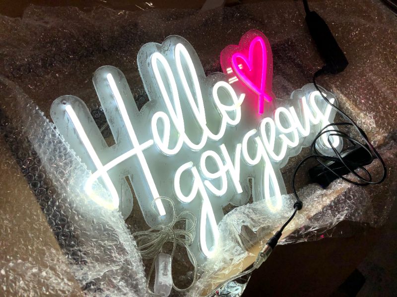 Photo 3 of Fukemara Large Neon Sign, Hello Gorgeous Led Neon Sign,White Neon Light for Bachelorette Party Birthday Wedding Engagement Party Bar Pub Club Wall Hanging Decoration, 21inch, 21.5x14in(55x36cm)
