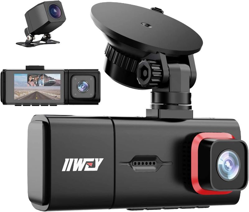 Photo 1 of 3 Channel Dash Cam, iiwey Full HD 1080P Front and Rear Inside Three Way Dash Camera for Cars, IR Night Vision, 2.45 Inch IPS Screen, 24H Parking Monitor, Motion Detection for Uber Taxi Driver
