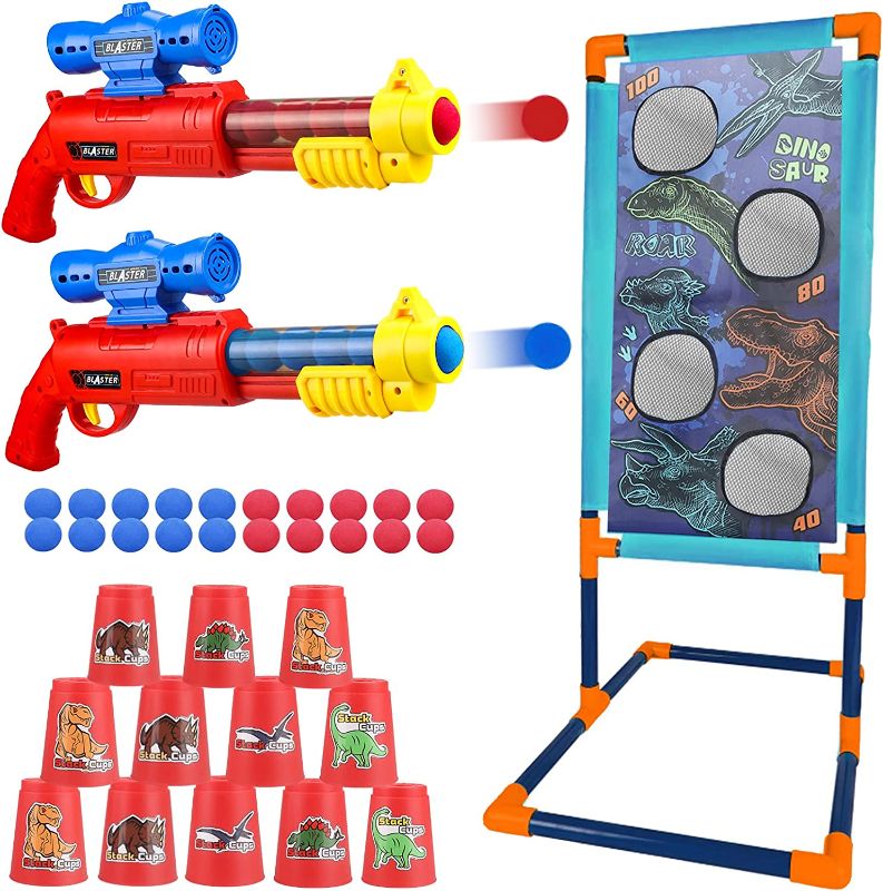 Photo 1 of Yojoloin Shooting Game Toy for 5 6 7 8 9 10+ Years Olds Boys and Girls, 2pk Foam Ball Popper Air Guns & Shooting Target & 12 Stacking Cup & 20 Foam Balls, Birthdays Gifts for Kids
