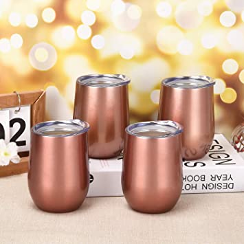 Photo 1 of 4 Pack Rose Gold Stainless Steel Stemless Double Wall Vacuum Wine Glasses with Lid and Straws and Brushes 12 Oz