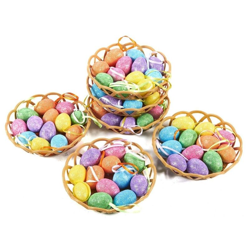 Photo 1 of 72 Pack Sparkling Small Mini Foam Easter Bunny Eggs Hanging Ornaments with Baskets Easter Decoration for Tree Kids