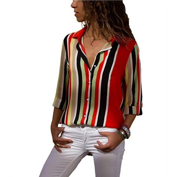 Photo 1 of Kid form 2XL Women's Multi-color Striped Pattern V-neck Blouse