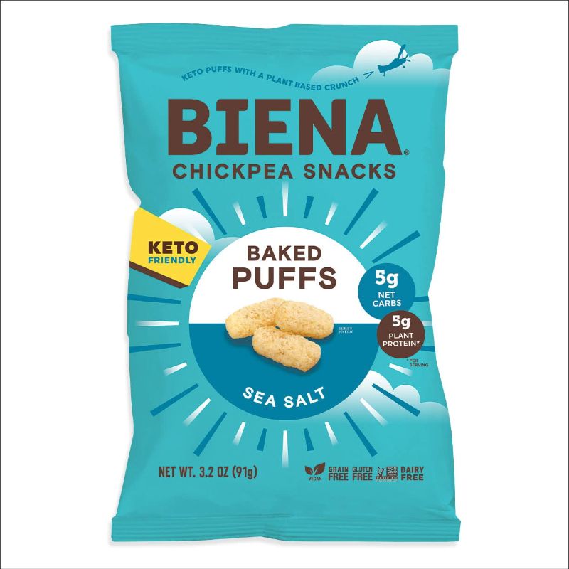 Photo 1 of Biena Chickpea Baked Snack Puffs, Sea Salt, Low Carb, Keto, Gluten Free, Dairy Free, Plant-Based Protein (6 Pack), White, BEST BY 26 OCT 2022
