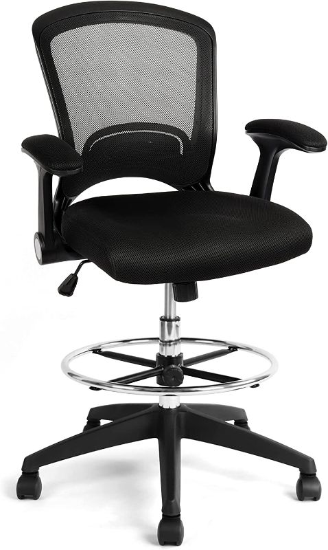 Photo 1 of Drafting Chair Tall Office Chair Ergonomic Standing Desk Chair with Adjustable Foot Ring and Flip-up Arms, Black
