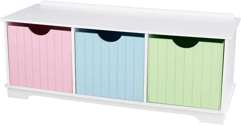 Photo 1 of KidKraft Nantucket Wooden Storage Bench with Three Bins and Wainscoting Detail - Pastel, Gift for Ages 3+
