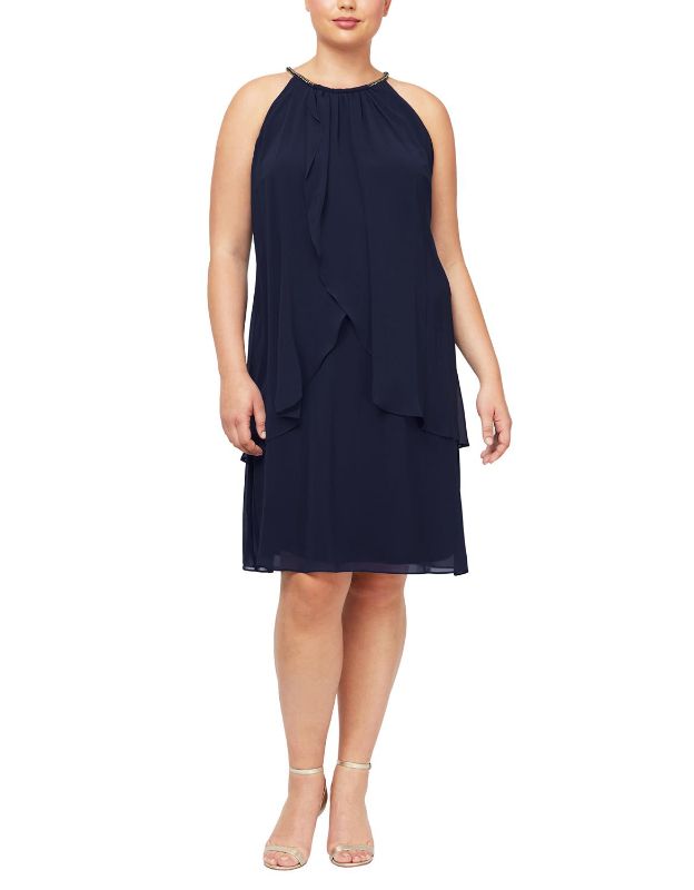 Photo 1 of SL Fashions Women's Short Halter Beaded Neck Dress in Navy 16W Lord & Taylor