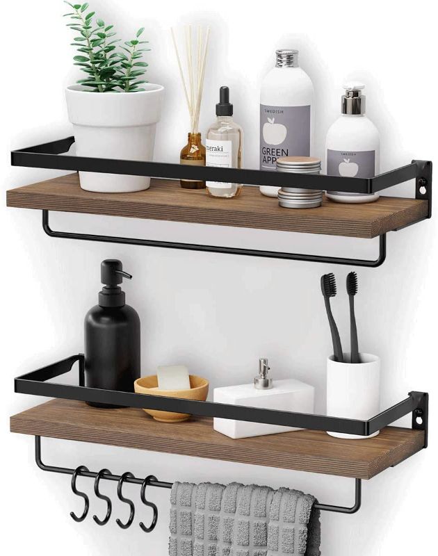 Photo 1 of Bathroom Floating Shelf Wall Mounted: Rustic Solid Wood Small Decor Shelving - Wide Thick Industrial Wooden Storage Shelves for Bedroom| Kitchen| Restroom - Brown
