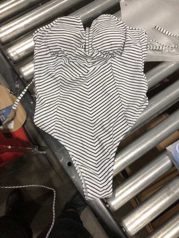 Photo 2 of Black And White Stripe V-Neck One Piece Swimsuit, size Large
