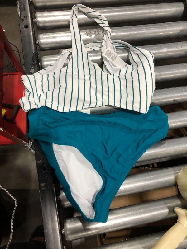 Photo 1 of Teal Solid And Striped High Waisted Bikini, size XL
