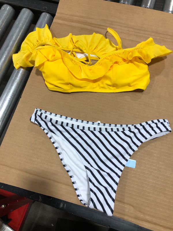 Photo 2 of Yellow And Striped Ruffle Cold Shoulder Bikini, med
