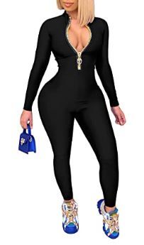 Photo 1 of ECHOINE Sexy Jumpsuits for Women Long Sleeve V Neck Zipper Casual One Piece Rompers Bodycon Outfits size L
