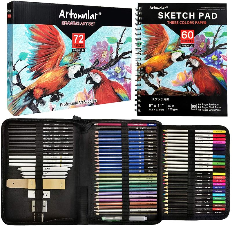 Photo 1 of Artownlar 72 Pack Drawing Sketching Set with 8x11" Sketchbook | Pro Art Supplies Kit for Artist Adults Teens Beginners | Video Tutorial,Charcoal, Watercolor & Metallic Colored Pencils in Gift Case
