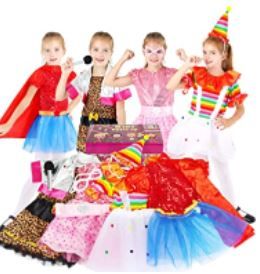 Photo 1 of Hodola Girls Princess Dress up Trunk Pretend Play Costume Gift Set Pink Super Girl, Red Super Girl, Rock Star, Clown Costume for Toddlers Little Girls Ages 3,4,5,6 Years Old
