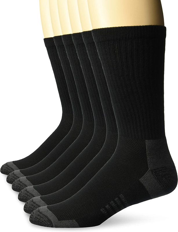 Photo 1 of Amazon Essentials Men's 6-Pack Performance Cotton Cushioned Athletic Crew Socks, Black, Shoe Size: 12-16
