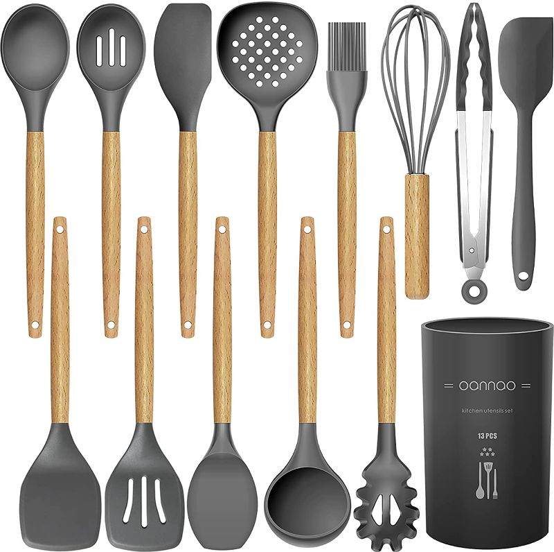 Photo 1 of 14 Pcs Silicone Cooking Utensils Kitchen Utensil Set - 446°F Heat Resistant,Turner Tongs,Spatula,Spoon,Brush,Whisk. Wooden Handles Gray Kitchen Gadgets Tools Set for Nonstick Cookware (BPA Free)
