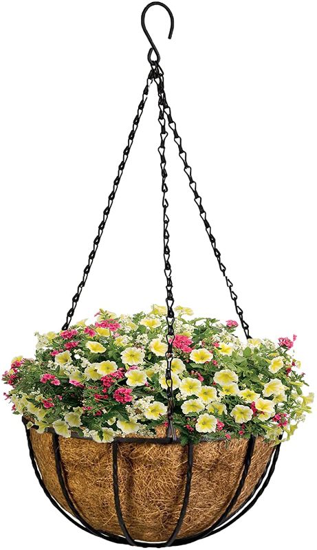 Photo 1 of 2pcs 12 Inch Hanging Planter Basket with Coco Liner and Chain, 12" Metal Round Wire Plant Holder for Porch Decoration Planter Pot Hanger Watering Hanging Baskets Decor for Indoor Outdoor Garden Lawn with extra coco liner 
