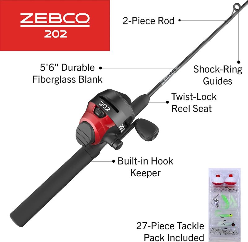 Photo 2 of Zebco 202 Spincast Reel and Fishing Rod Combo, 5-Foot 6-Inch 2-Piece Fishing Pole, Size 30 Reel, Right-Hand Retrieve, Pre-Spooled with 10-Pound Zebco Line
