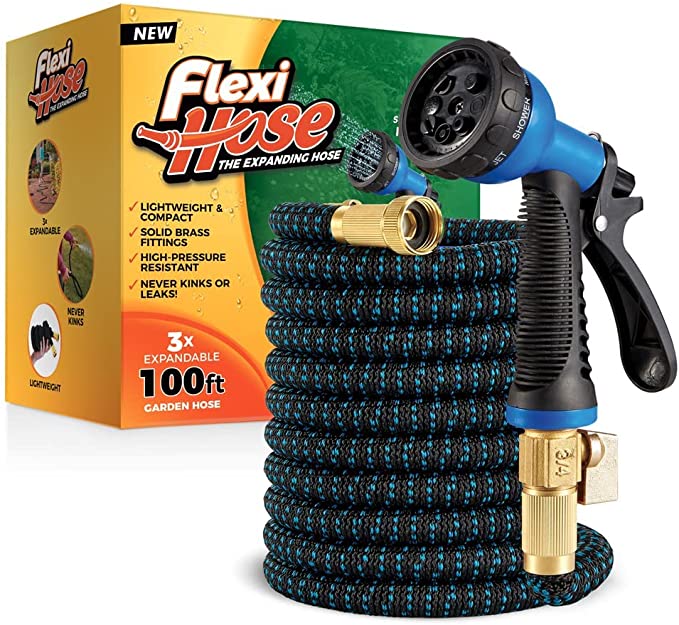 Photo 1 of  GARDEN BUNDEL  ** Flexi Hose with 8 Function Nozzle Expandable Garden Hose, Lightweight & No-Kink Flexible Garden Hose, 3/4 inch Solid Brass Fittings and Double Latex Core, 100 ft Blue Black  +  Saferell Sprinkler for Yard, 5-in-1 Lawn Sprinkler with 360