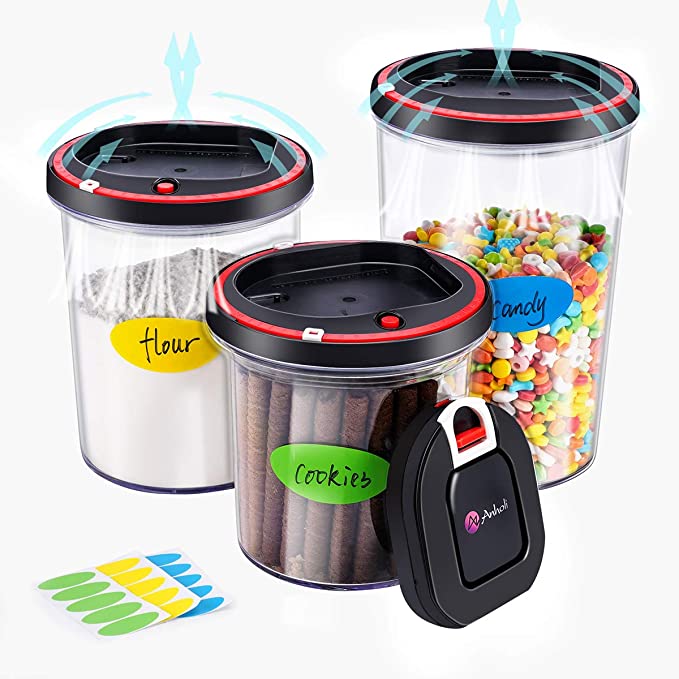 Photo 3 of  3 PIECE SET   Anholi airtight seal food storage containers, Auto electric vacuum pump, cookie jars, Lasting freshness food save canister set, BPA Free,3pcs,Kitchen Pantry Organization for dry food, coffee, pasta, cereal

