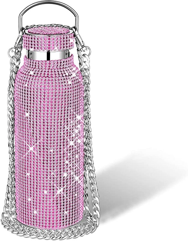 Photo 1 of Diamond Water Bottle Bling Rhinestone Stainless Steel Thermal Bottle Refillable Water Bottle Insulated Water Bottle Glitter Water Bottle with Chain for Women (Pink, Silver,500 ml)