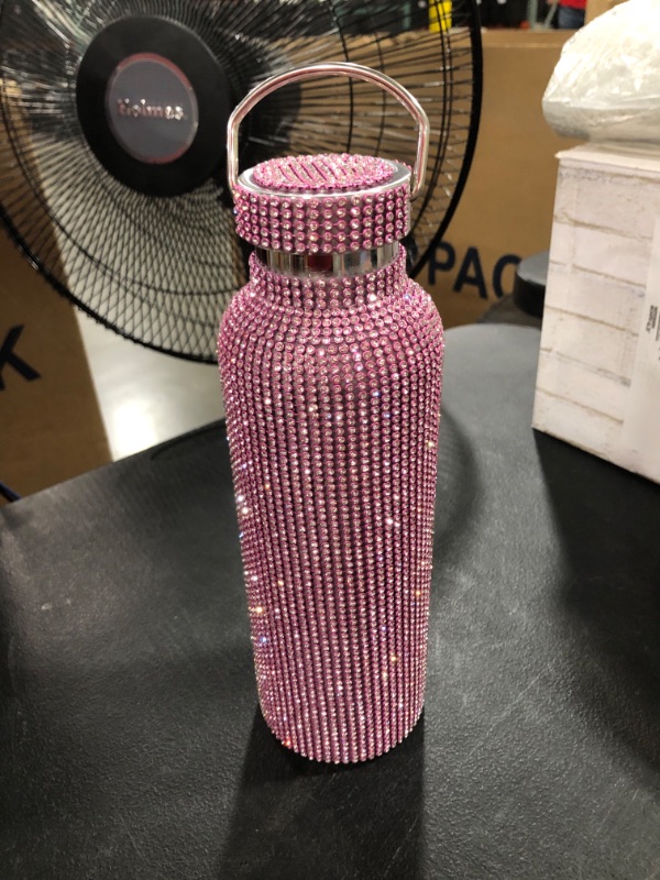 Photo 3 of Diamond Water Bottle Bling Rhinestone Stainless Steel Thermal Bottle Refillable Water Bottle Insulated Water Bottle Glitter Water Bottle with Chain for Women (Pink, Silver,500 ml)