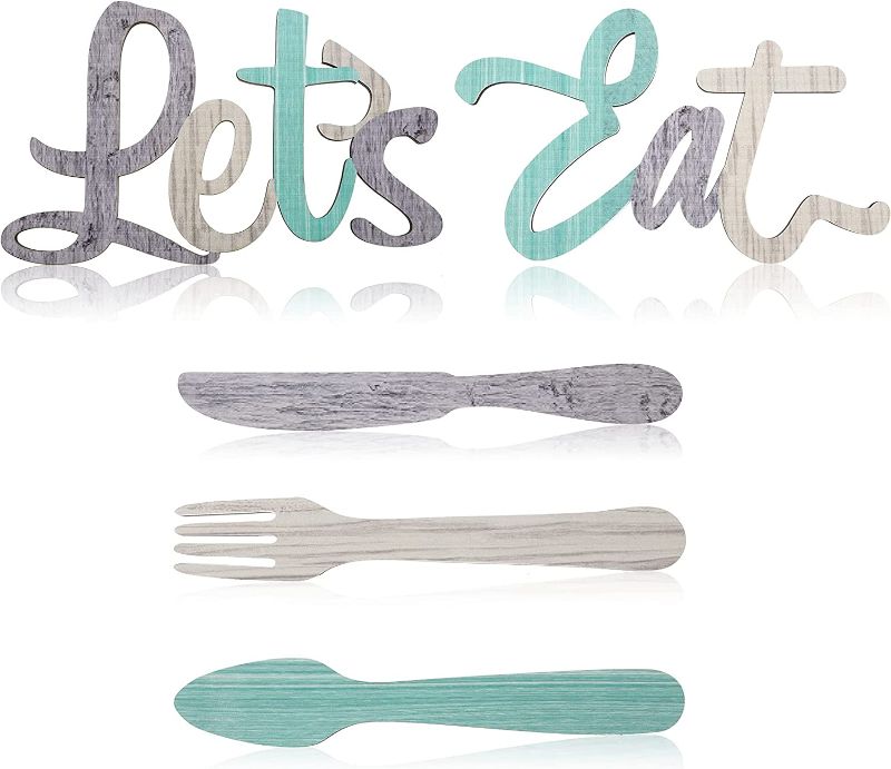 Photo 2 of 5 Pieces Wooden Let's Eat Sign, Fork Spoon and Knife Wood Wall Decor, Rustic Wood Kitchen Hanging Decoration, Cute Eat Decoration for Kitchen Home...
