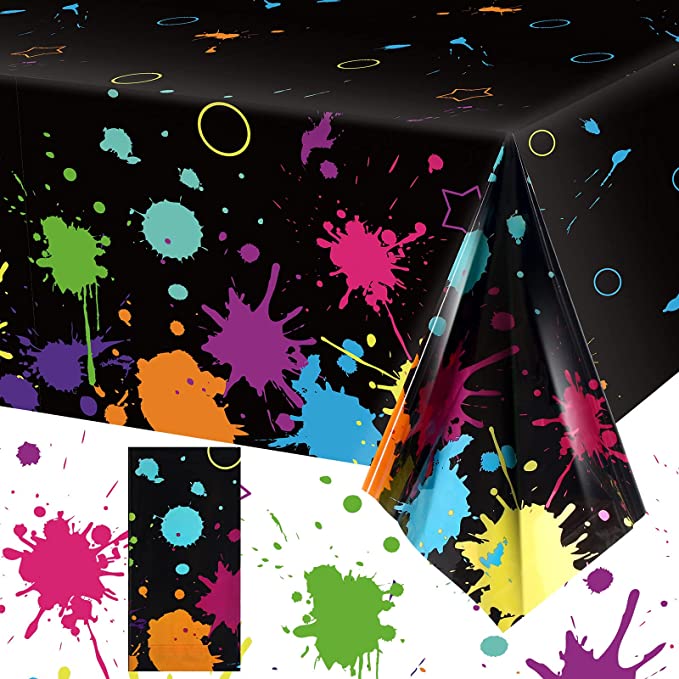 Photo 1 of  2 PACK   Party Tablecloths Disposable Plastic BLACK BACKGROUND WITH MULTI COLOR PAINT SPLATTER PATTERN 