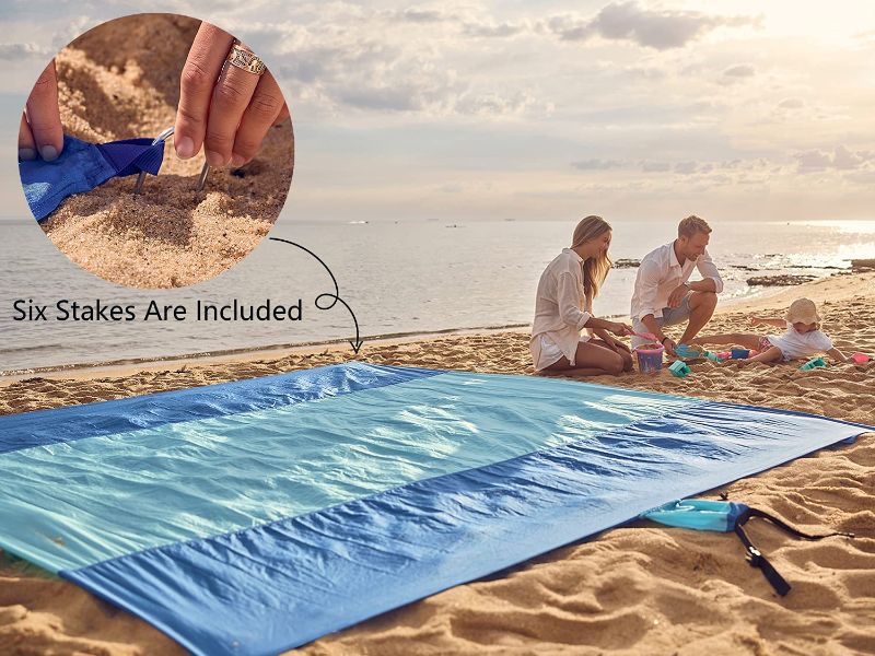 Photo 5 of 2PK ZOMAKE SANDPROOF BEACH BLANKET W/CARRYING CASE AND BEACH STAKES / Beach Blanket Sandproof, Extra Large Beach Mat, Big & Compact Sand Free Mat Quick Drying, Lightweight & Durable with 6 Stakes & 4 Corner Pockets
