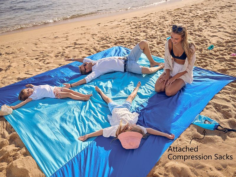 Photo 2 of 2PK ZOMAKE SANDPROOF BEACH BLANKET W/CARRYING CASE AND BEACH STAKES / Beach Blanket Sandproof, Extra Large Beach Mat, Big & Compact Sand Free Mat Quick Drying, Lightweight & Durable with 6 Stakes & 4 Corner Pockets
