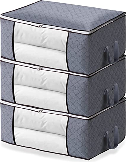 Photo 1 of 120L Clothes Storage Bags, 3 Pack Storage Bag for Comforters, Blankets, Quilts, Bedding, Foldable Blanket Storage Organizer with Reinforced Handle & Zippers for Closet and Underbed Storage (Light grey)