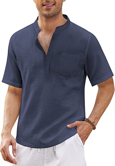 Photo 1 of COOFANDY Men's Cotton Linen Henley Shirt Short Sleeve Hippie Casual Beach T Shirts Size L