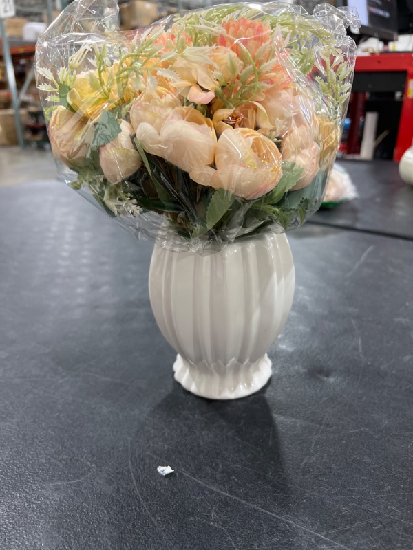 Photo 2 of Artificial Flowers with Vase, Silk Rose Hydrangea Bouquet Faux Flowers in Ceramics Vase Arrangement Decor Home Table Dining Room Wedding Decoration(Champagne Pink)
