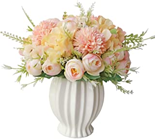 Photo 1 of Artificial Flowers with Vase, Silk Rose Hydrangea Bouquet Faux Flowers in Ceramics Vase Arrangement Decor Home Table Dining Room Wedding Decoration(Champagne Pink)

