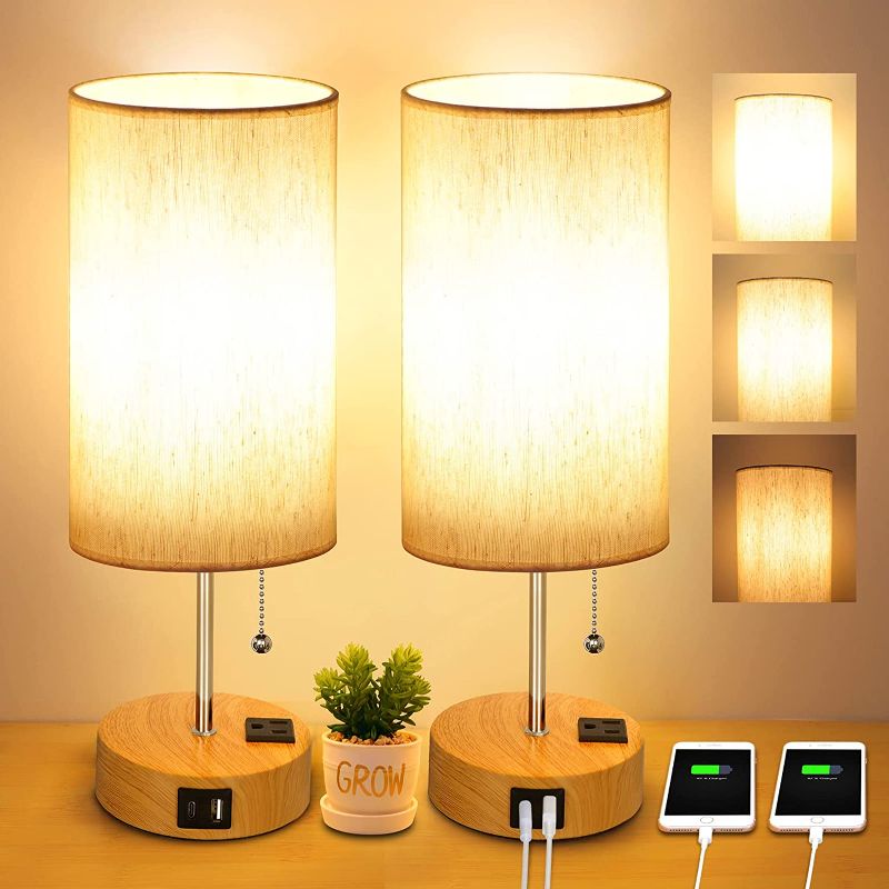 Photo 1 of Bedside Lamps for Bedrooms Set of 2, Dimmable End Table Lamps with 2 USB Ports & AC Outlet, Nightstand Lamps, Night Light Linen Shade for Desk Reading, Living Room Home Office Dorm Kids, Bulb Included
