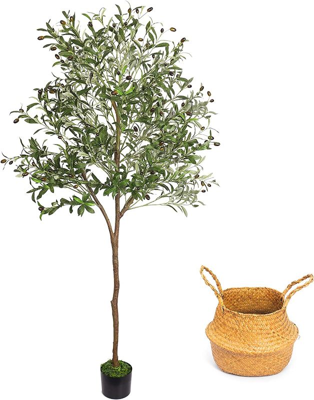 Photo 1 of Artificial Olive Tree, 6ft Faux Olive Tree Plant with Woven Planter and Moss, Realistic Olive Branch, Fake Silk Olive Tree in Pot for Home Office Garden Store Indoor Outdoor Decor, 1248 Leaves(6ft)
