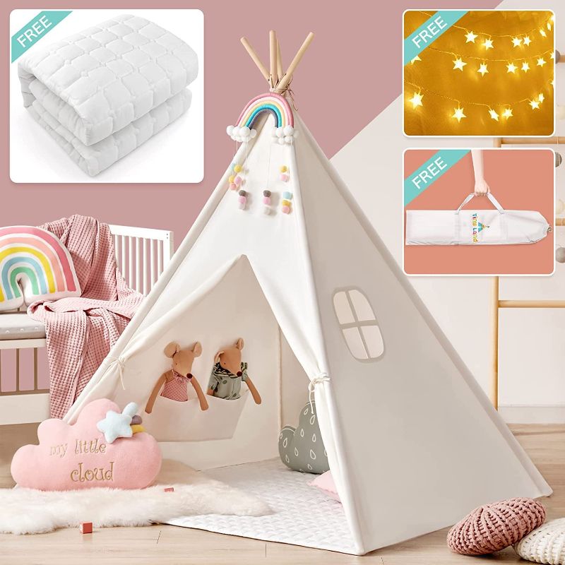 Photo 1 of Tiny Land Large Kids Teepee Tent with Padded Mat & Light String & Carry Case-Kids Foldable Play Tent 